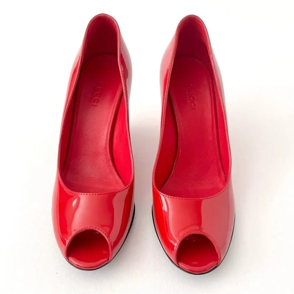 GUCCI | Red Patent Leather GG Logo Peep Toe Wedge Pumps Heels US 6